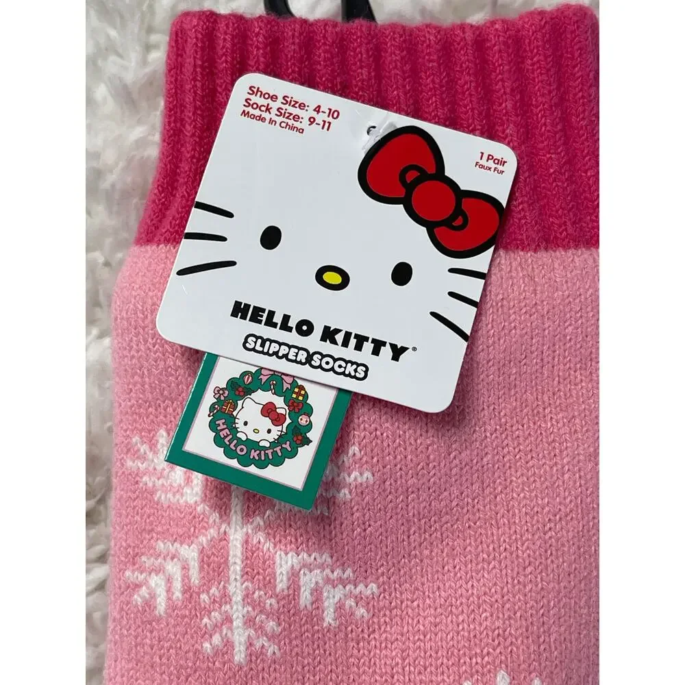 Hello Kitty Pink Slipper Socks Non Slip Grips Warm Cozy Womens Size 9-11 NEW